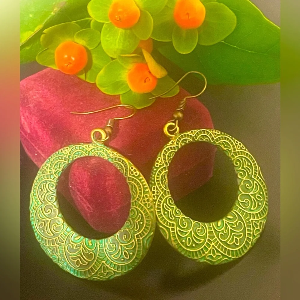 Antique Brass Boho Drop Earrings with Embossed Mandala Design in Green Patina - Picture 12 of 12